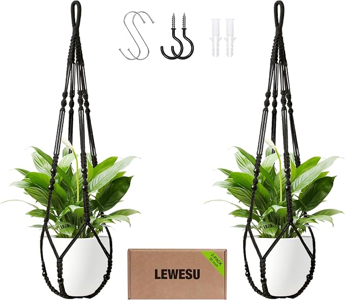 LEWESU Macrame Plant Hanger Indoor Set of 2 with 4 Hooks, Indoor Outdoor Hanging Planter for Plants Holder with Decorative Wood Beads & No Tassels, Boho Home Decor, 35 Inch Black (Pots Not Included)