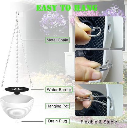 Hanging Planters, Set of 9 White Hanging Pots, 8" Hanging Flower Pots, Plant Pots with Drainage Plugs, Water Barrier and Chains, Come with Free Mini Garden Tools Set