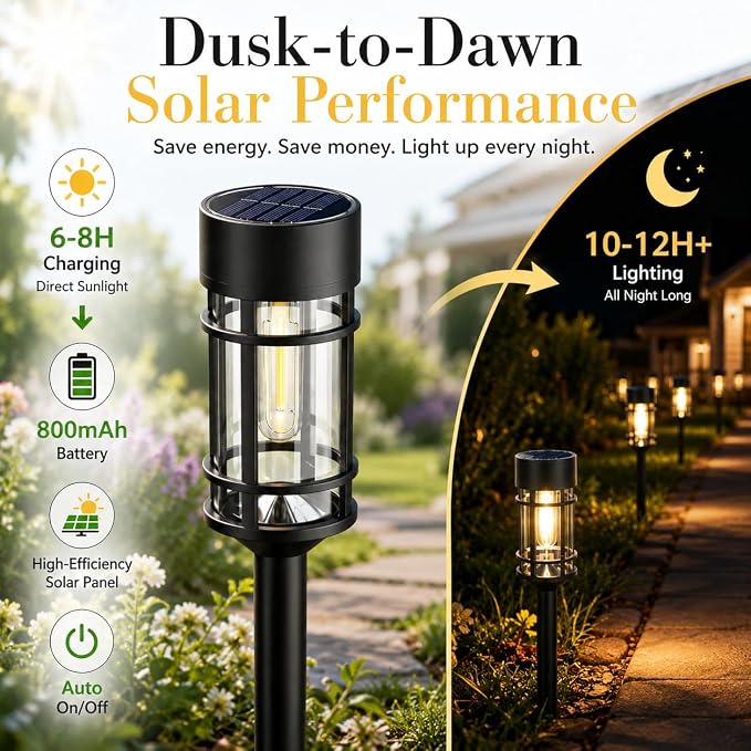 ILANCK 12 Pack Solar Lights Outdoor Parhway, Metal & Glass Large Solar Pathway Lights, Solar Powered Garden Lights for Yard, Landscape, Driveway Walkway