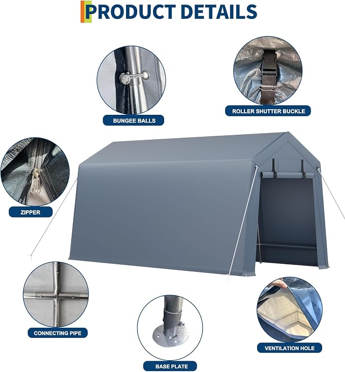 7x15 ft Outdoor Storage Shed, Portable Carport with Roll-up Ventilated Zipper Door and Windows, Heavy Duty Waterproof Tarp, Storage Sheds for Motorcycle, Bike, Firewood, Garden Tools