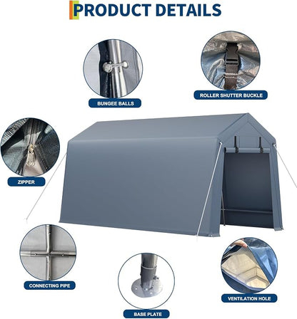 7x15 ft Outdoor Storage Shed, Portable Carport with Roll-up Ventilated Zipper Door and Windows, Heavy Duty Waterproof Tarp, Storage Sheds for Motorcycle, Bike, Firewood, Garden Tools