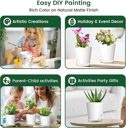 Meowell 4 inch Self Watering Pots for Indoor Plants, 5 Pack Small Flower Plant Pots with Drainage Holes and Clear Reservoirs, Visible Water Level, Plastic Planters with Wicking Rope, White