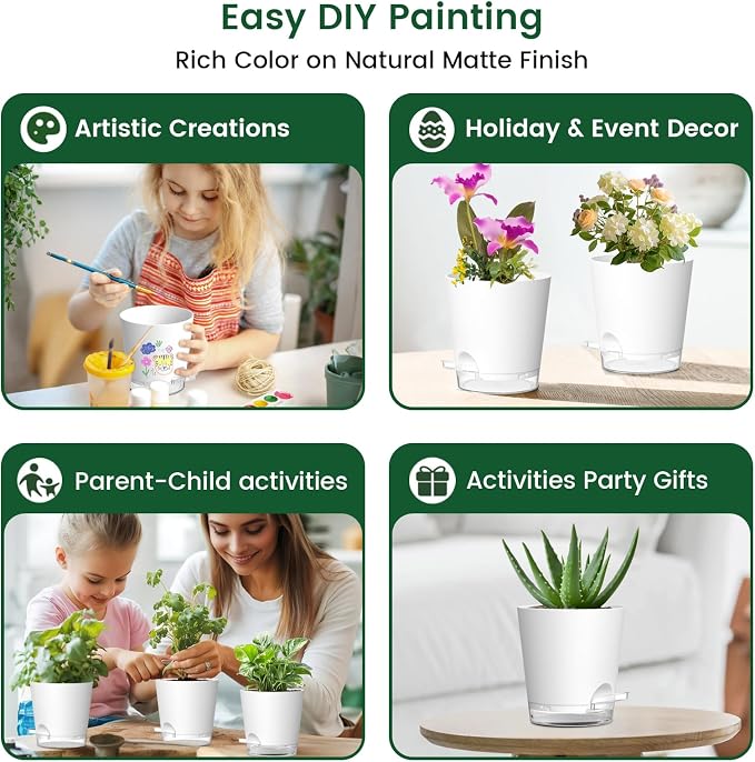 Meowell Self Watering Pots Set of 7 – Assorted Size 4" to 8" Indoor Plant Pots with Drainage Holes and Clear Reservoir for Visible Water Level, Plastic Wicking Planter for House Plants & Flower, White