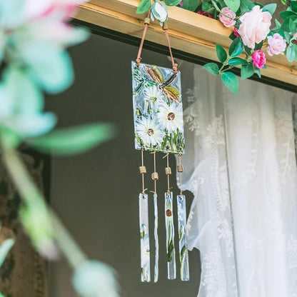MUMTOP Wind Chimes for Outside-Wind Chimes Outdoor - Dragonfly and Daisy Colorful Stained Glass WindChimes Hanging Ornaments for Home Garden Decor