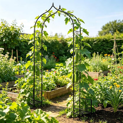 Metal Garden Arbors 8Ft Thickened Arch Trellis for Climbing Plants | Outdoor Arbor with Planter Box Rustproof Trellises Grapes Rose Wedding Arched Entrance Backdrop Stand Party Event Decoration