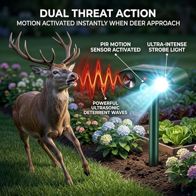 2026 Sonic Fortress Pro Deer Repellent Devices with USB Charge,Solar Ultrasonic Animal Repellent with Motion Sensor&Flash Light,Deer Deterrent for Flower beds,Vegetable Gardens,Plants 4Pack
