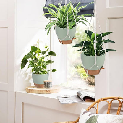 Vanslogreen 12 Inch Hanging Planters for Indoor Outdoor Plants, Self Watering Hanging Pot with Drainage Holes & Removable Tray, Macrame Plant Hanger for Boho Home Decor (Ivory+White) (Ivory+Green)