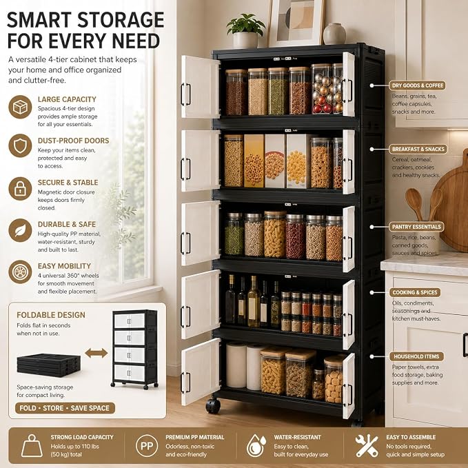 4 Tier Foldable Storage Cabinet with Wheels and Magnetic Doors, Premium PP Material Large Storage Organizer, Space-Saving Utility Storage for Home, Apartments, Dorm, Office, Rv