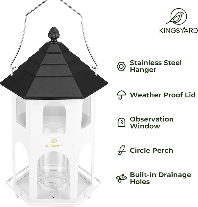 Kingsyard Metal Bird Feeder for Outdoor Hanging, Wild Bird Feeders with Circular Perch, Easy to Clean & Refill, 4 lbs Large Seed Capacity, White
