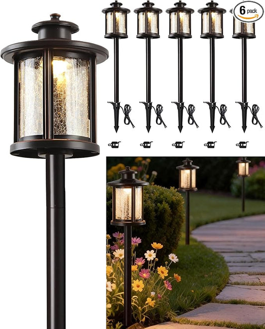 LITFIT Low Voltage Landscape Lighting, 12V 3.4W 155LM 3000K Outdoor Path Lights with Connectors, Crackled Shade, ORB Finish, Waterproof Aluminum LED Walkway Light Wired for Garden Yard, 6 Pack