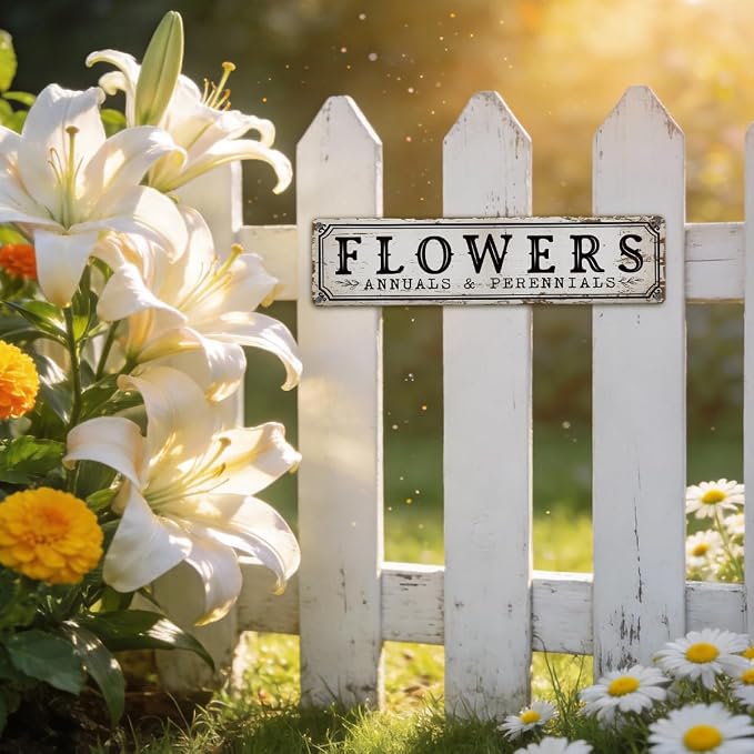 Garden Metal Tin Sign, Vintage Farmhouse Decor, Flowers Annuals and Perennials Sign, Gardening Wall Art for Yard Fence Door Porch, Indoor Outdoor Garden Decoration, 15.7 x 3.9 Inches