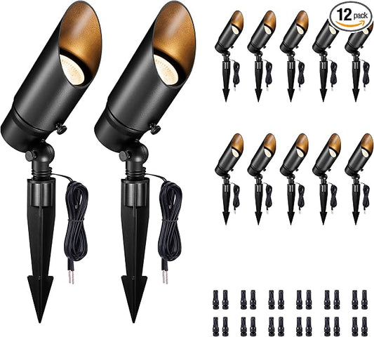 Landscape Spot Lights Outdoor - Warm & Cool White Low Voltage Spotlights 12V, Adjustable White Accent Lights Waterproof, All Metal Wired Aluminum Black for Fountain Sign 12 Pack