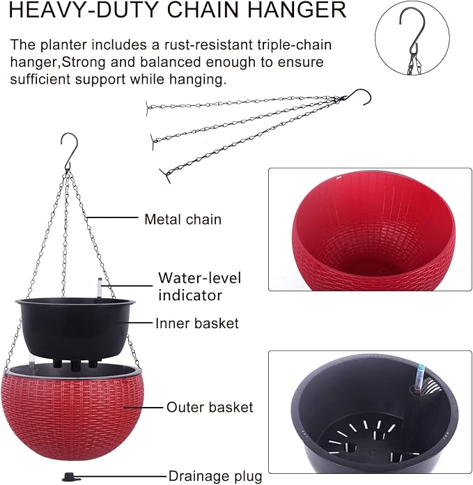 Vencer 11 Inch Round Resin Rattan Hanging Planters,Red,VF-A15-R | Self Watering,Drain Hole,Metal Chain,Water Indicator,Indoor Outdoor