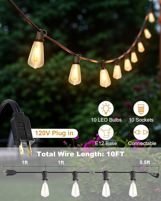 BRIMAX 10FT Outdoor String Lights with 10 Bulbs,ST38 1W Plastic LED Edison Bulbs, Shatterproof, Waterproof String Lights, Perfect for Bistro, Pergola, Backyard and Garden | Shatterproof and Waterproof Edison Bulb String Lights, Perfect for Bistro, Perg...