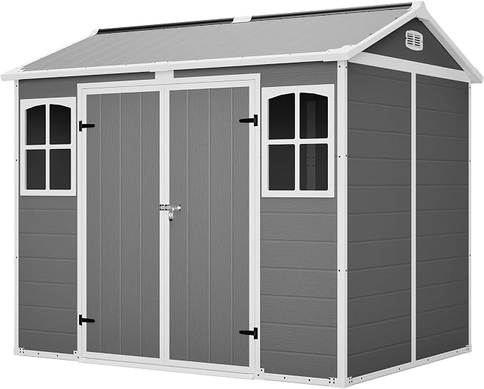 PVWIIK 8x6 ft Resin Outdoor Storage Shed with Floor & Window, Lockable Waterproof All-Weather Utility Shed for Garden Tools & Trash Bins, Gray-White