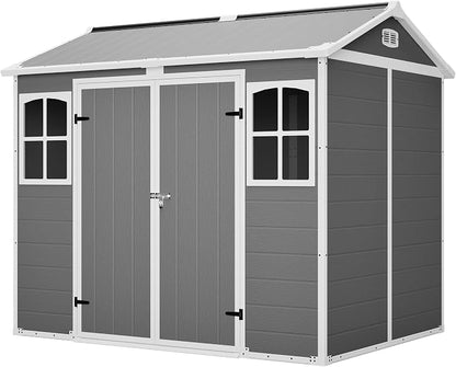PVWIIK 8x6 ft Resin Outdoor Storage Shed with Floor & Window, Lockable Waterproof All-Weather Utility Shed for Garden Tools & Trash Bins, Gray-White