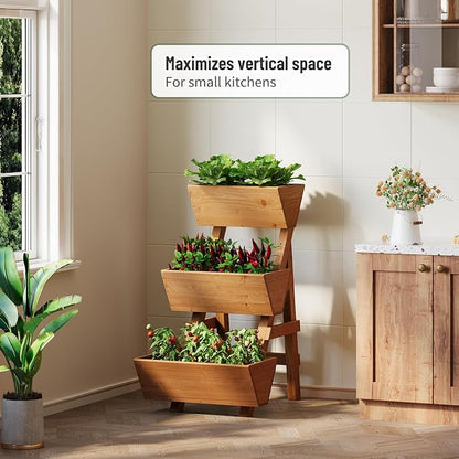 3-Tier Vertical Wooden Raised Garden Bed, Freestanding Garden Planter Box, Wood Flower Rack, Planter Box for Herbs, Vegetables, Outdoor Indoor Use, Small-Brown