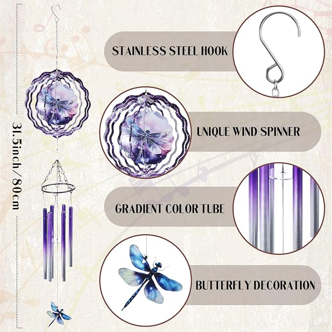 Dragonfly Wind Chime Outdoor - Metal Windchime with Spinners | Dragonflies Gifts for Women Garden Patio Yard Home Outside Indoor Hanging Decor Christmas Thanksgiving Birthday Gift