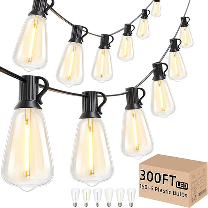 Svater 300 FT Outdoor String Lights, Waterproof Outside Light 156 Bulbs | 3 Pack 100 FT Patio Lighting, Connectable For Bistro Cafe Market, Shatterproof Dimmable Edison LED Bulb, ETL Listed 2700K