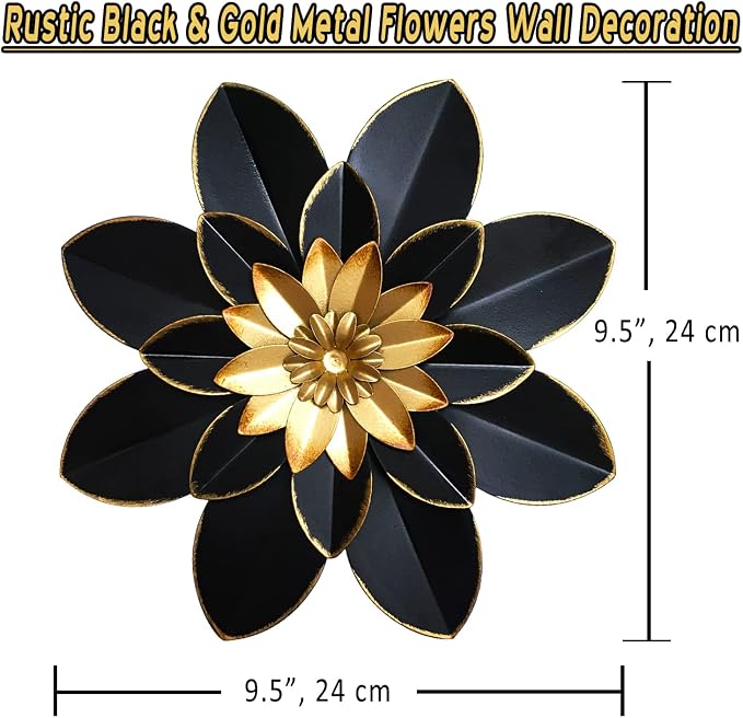 Metal Flower Wall Art Decor, 9.5“ Rustic Modern Floral Sculpture, Distressed Iron Wall Hanging Home Decoration Accent Artworks for Indoor Kitchen Bedroom Living Room Office Outdoor Garden Patio