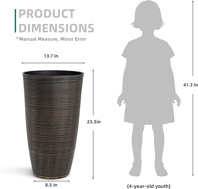 2-Pack 23.5" Bronze Plastic Tapered Planters with Vertical Stripes | Set of 2 PP tall planters with bronze vertical stripe texture, drainage plugs, and UV-treated finish for porch or patio