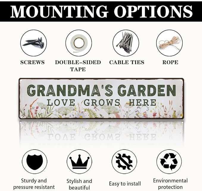 Garden Metal Tin Sign, Grandma’s Garden Love Grows Here Sign, Vintage Floral Farmhouse Outdoor Wall Decor, for Porch Patio Fence, Gift for Grandma Gardens Decor, 15.7 x 3.9 Inches