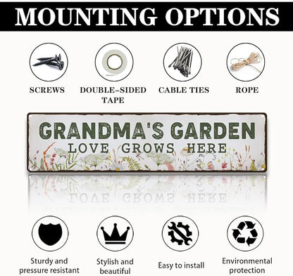 Garden Metal Tin Sign, Grandma’s Garden Love Grows Here Sign, Vintage Floral Farmhouse Outdoor Wall Decor, for Porch Patio Fence, Gift for Grandma Gardens Decor, 15.7 x 3.9 Inches