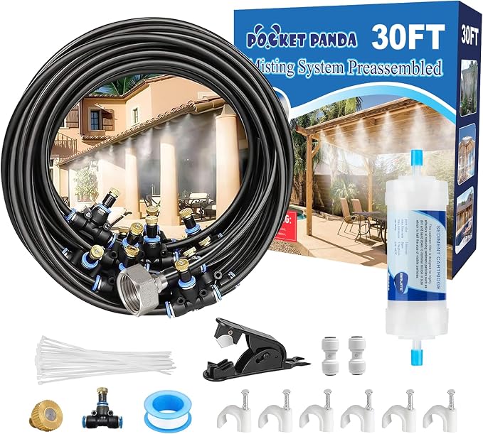 POCKET PANDA Pre-Assembled Misters for Outside Patio,Outdoor Misting Cooling System w Filter,30FT|9M.Backyard Mist Kit for Garden,Greenhouse,Deck,Umbrella,Canopy,Pool,Porch,Trampoline,ParkBBQ Party