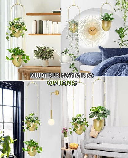 AceList Gold Hanging Planters Set of 2 - Modern Metal Plant Pots 5.5 Inch with Adjustable Hemp Rope and Mounting Hooks, Indoor Outdoor Boho Home Decor for Living Room Balcony Garden Patio Window