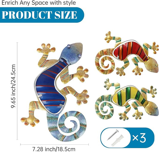 WANFSOWO 3D Metal Gecko Wall Art, Hand-Painted Colorful Lizard Wall Sculpture, Indoor Outdoor Hanging Decor for Garden Fence Patio Porch Backyard, Home Decor Gift (Style 2)