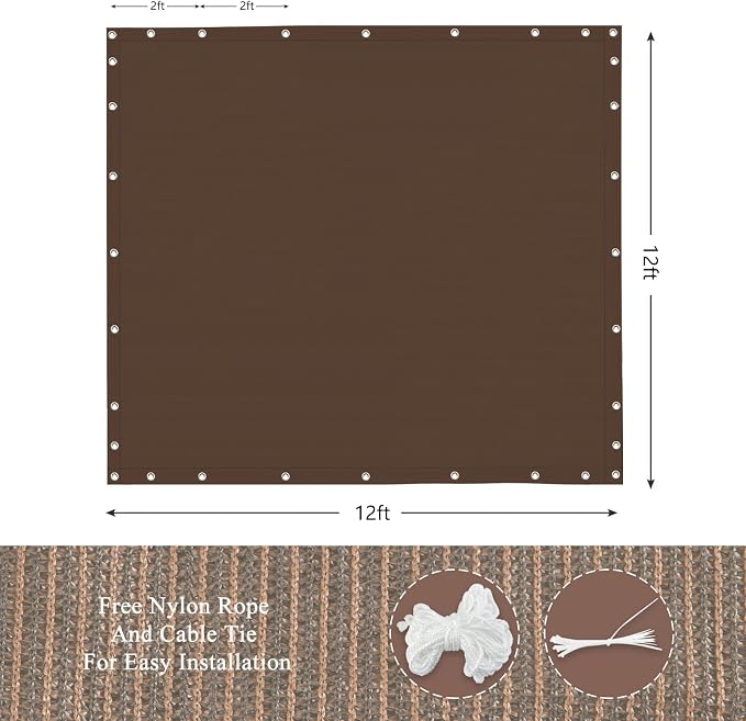 90% Outdoor Sun Shade Cloth, 12' x 12', Pergola, Deck, and Backyard Patio Sunshade with UV Protection, Heat Resistant HDPE Material, Reinforced Grommets (12x12 FT, Brown)