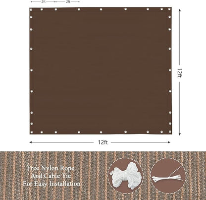 90% Outdoor Sun Shade Cloth, 12' x 12', Pergola, Deck, and Backyard Patio Sunshade with UV Protection, Heat Resistant HDPE Material, Reinforced Grommets (12x12 FT, Brown)