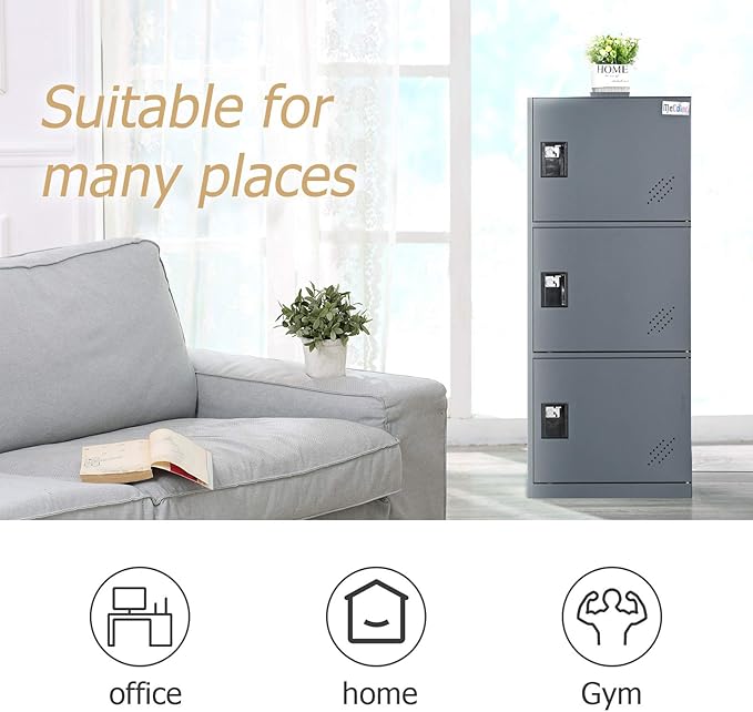 MECOLOR Vertical Single Tier Small Locker with Padlock latche 2 or 3 Compartment Storage for Employee,Home,Office,School,Kids (Dark Grey, P3V)