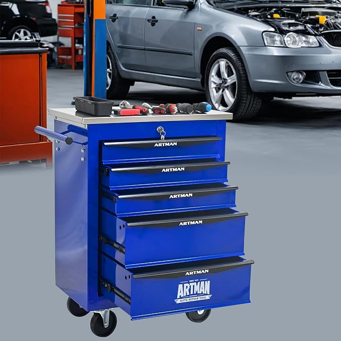 KEIKI 5 Drawers Tool Cart on Wheels,Multifunctional Rolling Tool Chest Tool Storage,Drawers Rolling Tool Trolley Organizer Tool Case for Garage, Warehouse, Workshop, Repair Shop (Blue)