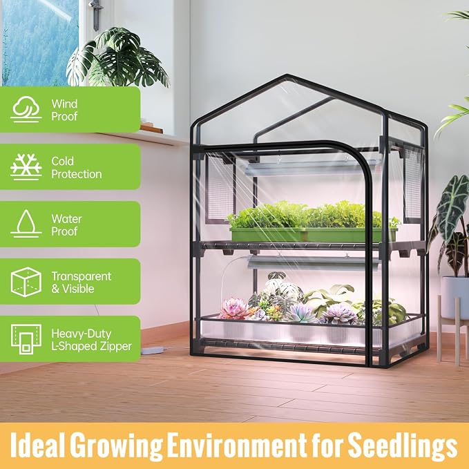 Mini Indoor Greenhouse with Grow Light, 2-Tier Plant Stand with PVC Tent, Ventilation Window, Bottom Pouch, 20W Full Spectrum Grow Light with Timer, for Seed Starting, 27" L x 19" W x 35" H