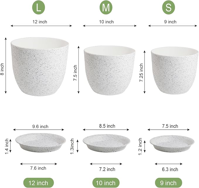 WSMKSZ Large Flower Pots 12/10/9 inch, Set of 3 Modern Decorative Plastic Planters with Drainage Holes and Saucers for Garden House Plants, Plant Pots for Indoor Outdoor Plants, Speckled White