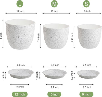 WSMKSZ Large Flower Pots 12/10/9 inch, Set of 3 Modern Decorative Plastic Planters with Drainage Holes and Saucers for Garden House Plants, Plant Pots for Indoor Outdoor Plants, Speckled White