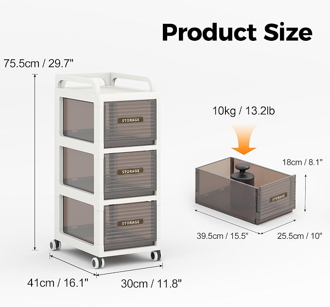 Bathroom Storage with Drawers, 11.8" Wide Wide Slim Storage Cabinet with Wheels for Small Spaces, Narraw Cart for Kitchen Office Bedroom Dinning Room Under Desk, 29.7" Tall