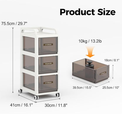 Bathroom Storage with Drawers, 11.8" Wide Wide Slim Storage Cabinet with Wheels for Small Spaces, Narraw Cart for Kitchen Office Bedroom Dinning Room Under Desk, 29.7" Tall