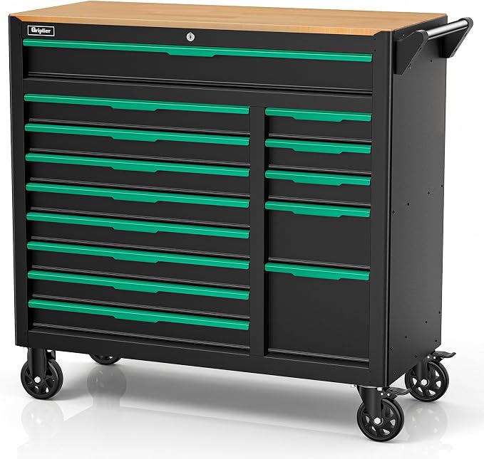14-Drawers Rolling Tool Chest with Wood Workbench,Brake Casters,Lock & Key,Heavy-Duty Steel Tool Cabinet Storage, for Home,Garbge or Workshop Use (14 Drawers)