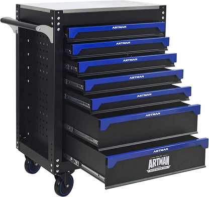 7-Drawer Rolling Tool Chest, Iron Top for Garage, Black&Blue | Heavy Duty Mobile Tool Cabinet with Drawers, Large Metal Tool Box Organizer for Repair Shop and Storage