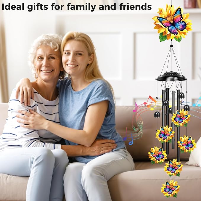 YHmall Sunflower Butterfly Gifts for Women, 35 in Wind Chimes for Outside Mothers Day Gardening Gifts for Mom Colorful Metal Memorial Wind Chime Butterfly Decor for Home Yard Patio Garden Outdoor