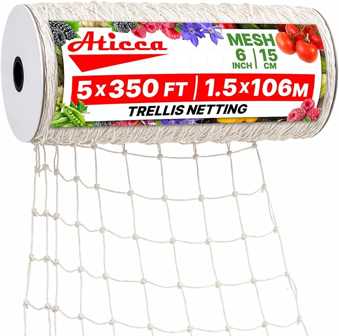 ATICCA Trellis Netting 5 x 350 ft Heavy Duty Polyester Plant Support Netting White - 6 Inch Garden Rope Trellis on Roll - Mesh Twine for Growing Vine Climbing Plants, Flowers, Peas, and Tomatoes