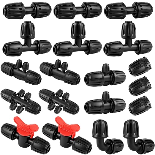 19 Pieces 1/2 Inch Drip Irrigation Fittings Kit, 1/2'' Drip Line Barbed Fittings for 1/2 Inch Irrigation Tubing (1/2" ID x 0.650" OD) Anti-Leak Lock Nut Connectors for Garden Drip System