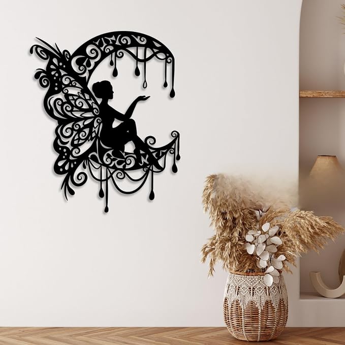 LIYOUYA Moon Flower Fairy Metal Wall Decor - Rustic Farmhouse Room Decor Black Wall Art Home Decor for Living Room, Bedroom, Outdoor (Black)