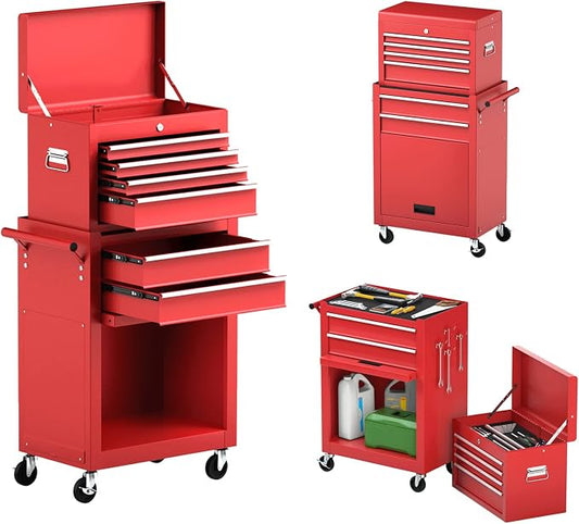 Goplus Tool Chest, 6 Drawers Rolling Tool Cabinet with Detachable Top Toolbox, Universal Lockable Wheels, Protective Liner, Auto Lock, Metal Tool Storage Cart, Tool Box for Garage Workshop
