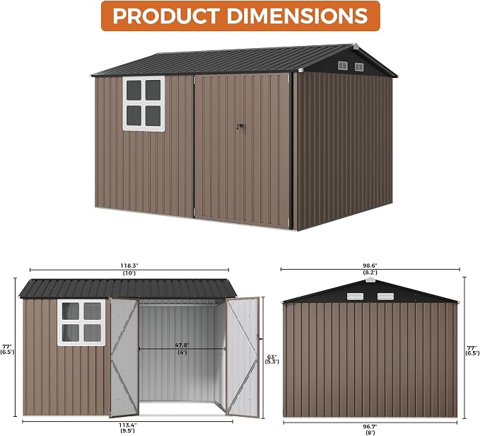 IRONCK 10x8.2 FT Outdoor Storage Shed with Clear Window, Tool Shed, Brown | Lockable Doors, Breathable Ventilation, 9.5x8 FT Base, Outdoor Shed For Generators/Bikes/Wheelbarrows