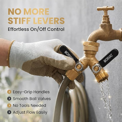 Morvat Brass 2-Way Y Splitter LEAD-FREE, Heavy-Duty Garden Hose Connector with Extra Long Butterfly Comfort Grip ON/OFF Valves, Adapter for Water Faucet & Spigot, Extra 5 Washers, Teflon Tape (1-Pack)