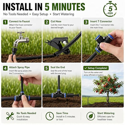 High-Flow Tree Irrigation System, 15FT 12mm Hose & 2Pcs 6.5FT Adjustable Nozzles, for Tree Roots & Canopies Irrigation, Leaf & Fruit Cleaning, Ideal for Fruit Trees & Ornamental Trees