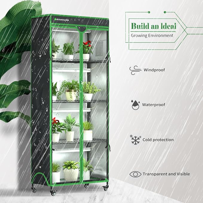 Indoor Greenhouse with Grow Light, Mini Greenhouse with Cover | 5-Tier Plant Shelf with 3-Color T8 Growth Light, Plant Stand with Smart Timing Plug and thermohygrometer, 35.8"x17.8"x71.8"
